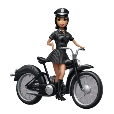 Silkstone Lingerie Barbie, Wednesday Addams from academy in vertically-striped dark-gray and black officer’s uniform with hat. Leaning back at the hips, riding a wheelie on a hot rod bike smiling  sticker