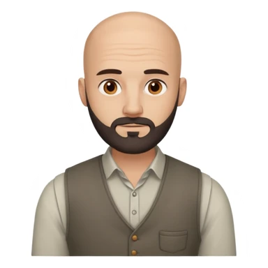 bald headed brown eyes groom with dark beard cream shirt grey vest sticker