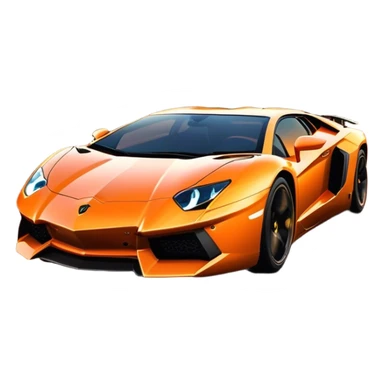 Lamborghini Aventador driving down the street, headlights blazing. The sky glows in warm sunset hues, reflecting off the sleek car. Motion blur emphasizes speed, with palm trees and city lights in the background. Transparent background. sticker