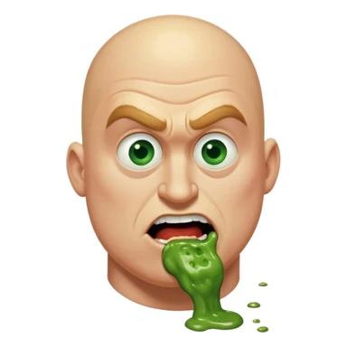 Bald ugly Mr (not) incredible head a little bit deepfried with green vomit color green eyes and coloring green vomit so bad it’s till in his mouth and he’s severely drooling it and it zooms in so fast by the end he takes up the whole screen so much, we even had to remove some parts of his face! sticker
