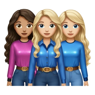 Three women with devil fairy horns, brown eyed light skin with dark blonde long hair and Brown eyed light skin black long wavy hair and blue eyed light skin long blonde hair wearing cute country glitter outfits sticker