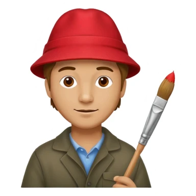 Thoughtful artist, adult man in a red hat with a paintbrush sticker