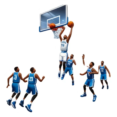 An icon showing a basketball court with players in action, inspired by NBA 2K25. A player jumps for a dunk, the ball mid-air, with the court’s floor and surrounding basketball arena visible. Bright lights highlight the excitement of the game. Transparent background. sticker