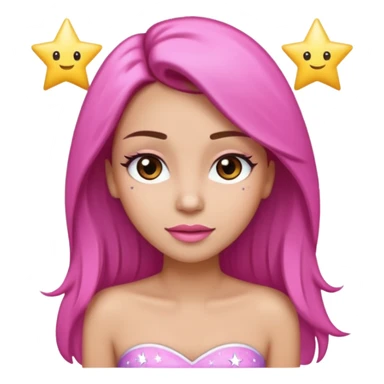A young woman with long straight brown hair, big brown eyes, long eyeleshes,pink lips, wearing a white strappless top, in emoji style with shiny star effects in her hair sticker