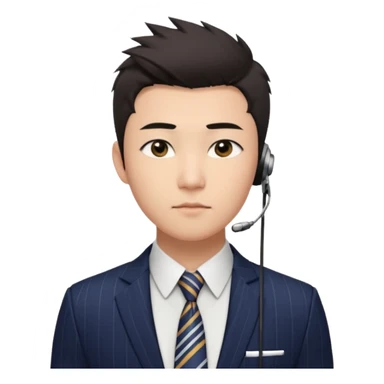 gay young Asian man with light skin, short dark hair styled upward with a sharp spiked swoop in front, slightly narrowed almond-shaped eyes with a confident, knowing squint, very squinty a clean-shaven face, and a sleek single-ear headset, wearing a dark pinstripe suit with a patterned shirt tie sticker