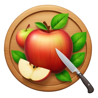 A round wooden board with a whole apple and several slices on it and knife with leaves, with a rainbow outline sticker