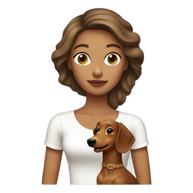 Brown haired woman with tan skin wearing white top holding a blonde long haired dachshund sticker