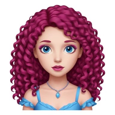 Chappell Roan long dark red curly hair, blue eyes, pink eyeshadow and lip, pink dress sticker