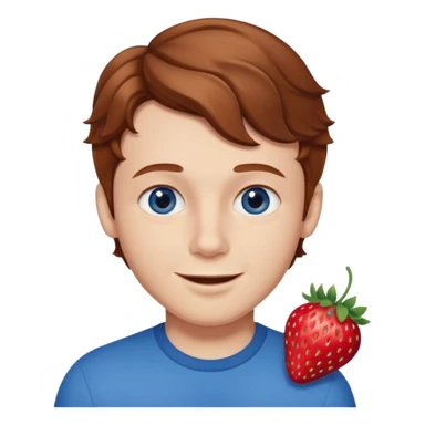 Please generate a portrait of a boy. He has wavy, light brown to reddish-brown hair, a right side parting, longer sideburns, blue eyes, a snub nose, and a somewhat pronounced, strawberry-red pout. He is smiling. sticker