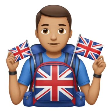A guy with a backpack and a Union Jack on his T-shirt holds the Union Jack. sticker