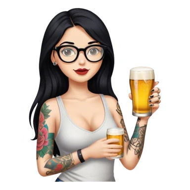 A beautiful woman with long black hair, wearing slippers that stand out, glasses on her face, tattoos on her arm, and holding a beer in one hand. sticker