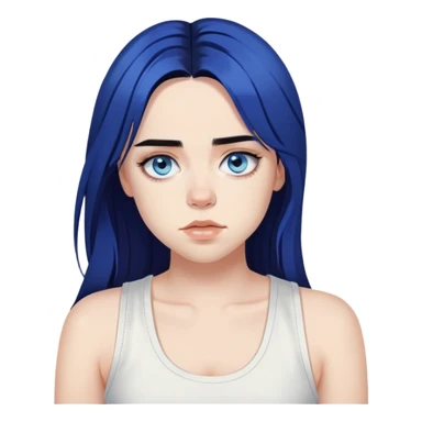billie eilish long black hair blue eyes dark eyeliner makeup, wearing white singlet sticker