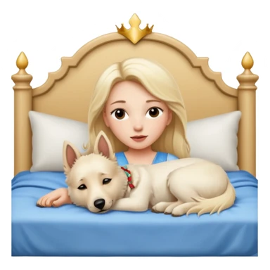 White Belgian shepherd dog with Brown eyes sleeping On a Princessbed with a blonde lady with blonde hair sticker