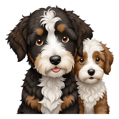 2 dogs: one light brown Aussiedoodle, one all-black Bernedoodle with white eyebrows some white markings, no brown coloring. Both same size. sticker
