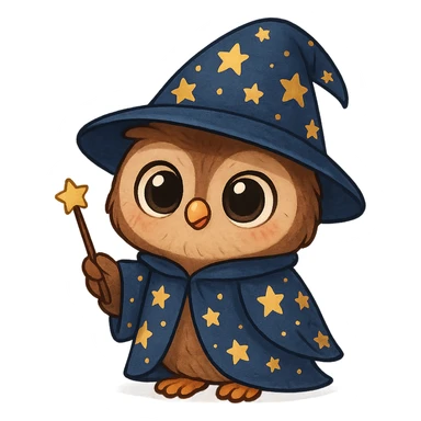 A cute cartoon owl dressed as a wizard, with a starry hat and cloak, big eyes, holding a tiny wand. sticker