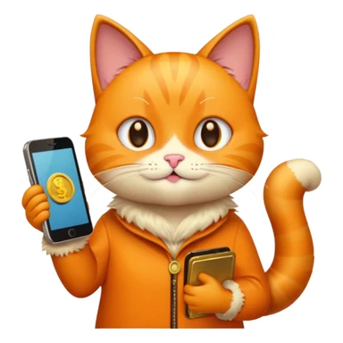 thankful cat emoji with phone displaying screenshots, gold coins around, white background sticker