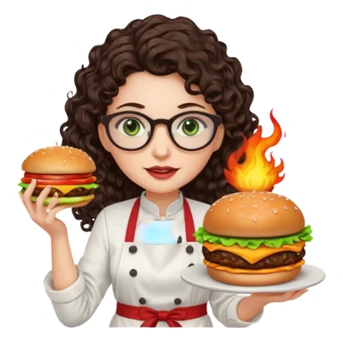 A female chef with glasses, dark brown long curly hair, White skin,Green eyes and setimg a burger on fire sticker