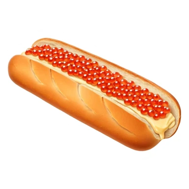 Apple style 3D emoji of a slice of fresh baguette with creamy butter and a generous layer of shining red caviar.
Realistic textures but in a clean 3D icon style. Soft reflections on the caviar pearls, delicious look, isolated on a white background. sticker