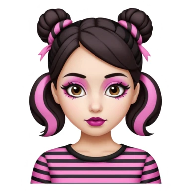 generate a pretty fair bratz girl with dark brown eyes. Dark brown hair straight hair with pink highlights tied into buns. Big eyeliner. black lipstick. Black and white striped top.  sticker