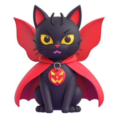 black cat with devil horns and a cape, 3d emoji style sticker