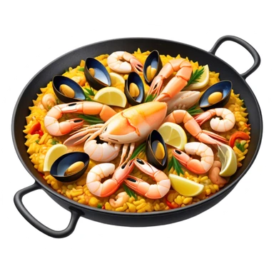 Cinematic Realistic Paella Dish Emoji, depicted as a vibrant, aromatic rice dish loaded with seafood, chicken, and saffron rendered with rich textures and dynamic, warm lighting. sticker