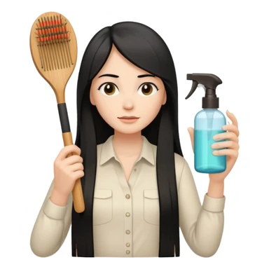 A white woman with long, straight black hair, wearing an ivory-colored shirt, holding a wooden paddle hairbrush in her left hand and spraying a hair mist bottle with her right hand toward her hair. sticker