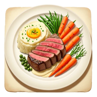 Medium rare Wagyu steak on a bed of creamy garlic mash potatoes couples with pan seared carrots and  green beans sticker