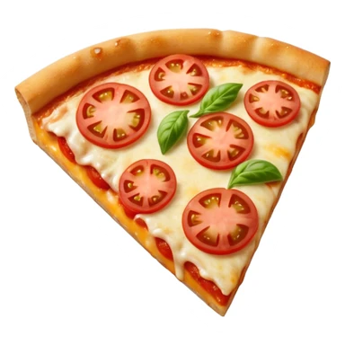 close-up of a single slice of margarita pizza, gooey cheese and tomato sticker