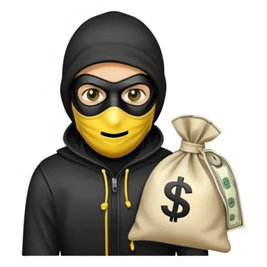 a burglar head with a yellow face with a black mask holding a white bag with a dollar sign sticker