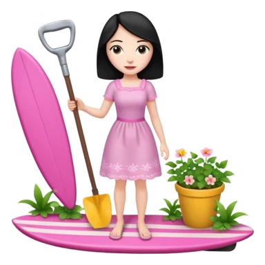 Princess who wearing dress (woman) black hair holding her cellphone and a garden shovel with another hand. She is standing on her feet, there is one pink surfing board. sticker