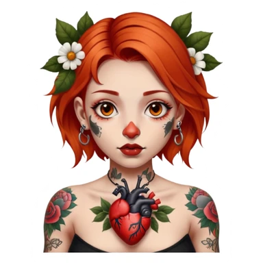 girl with fair skin, small nose, orangey red shoulder-length hair, large brown eyes, full lips, septum ring on nose and large black and white chest tattoo of anatomical heart with tattoos of flower bunches near the shoulders sticker