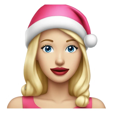 Beautiful blonde blue eyed woman, pink lips, wearing red santa hat sticker