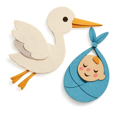 human baby in a bundle being carried by a flying stork in paper craft style sticker