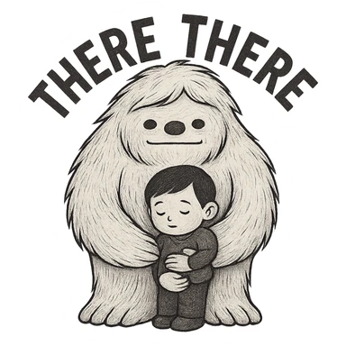 Reduce the image dimensions to make the file smaller, keep the background transparent, and preserve the 'there there' text through the head of the Abominable Snowman hugging the much smaller kid. Maintain the original style and transparency. sticker