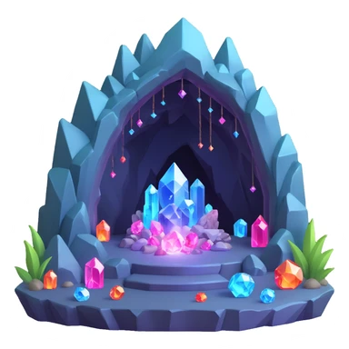 crystal cave with sparkling gems and magical runes, 3D fantasy style sticker