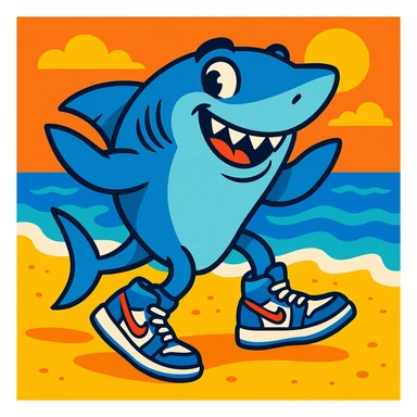 cartoon shark by the beach, all four fins in blue Jordan tennis shoes, with sand and water visible, fun and lively style sticker