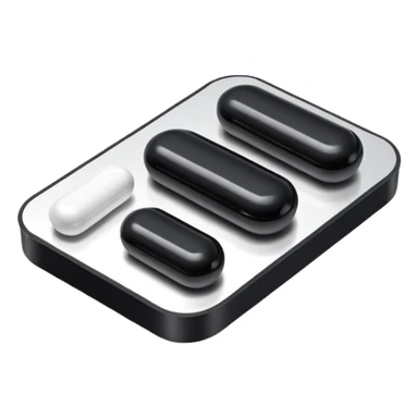 Minimalistic futuristic black medicine pills pack emoji, metallic black and white, reflective sleek surfaces, flat vector design, high-tech clean UI icon sticker