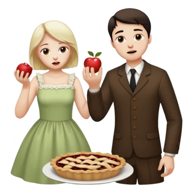 Sad man eats a pie. While his sister throws his dress on the apple sticker
