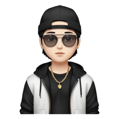 Portrait of a male K-pop idol, white skin, wearing a stylish streetwear outfit with layered clothing, makeup, wearing a black cap, sunglasses sticker