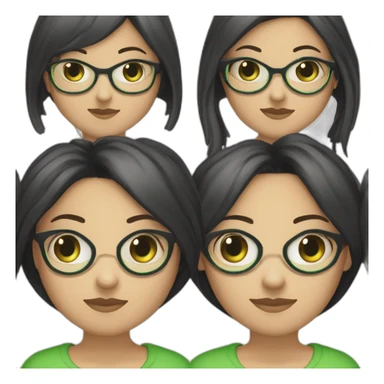 une fille avec de long cheveux noir lisse , des yeux vert , et avec des lunette (en forme de carrer un peu déformé) assez grosse comparer a ça tête , portant un pull noir sticker