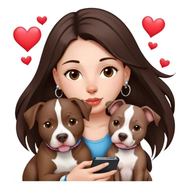 Young girl was long, dark brown hair sits with her dog who is a pretty girl pitbull with her cell phone in her hand in a small septum ring in her nose was hearts flying all around her sticker