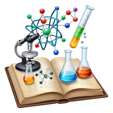 Icon for Scientific and Educational Reading: an open book with mathematical and physical formulas on the pages, with molecules and atoms flying out. On the desk are test tubes, flasks, and a microscope. Transparent background. sticker