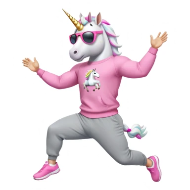 friendly anthropomorphised male white unicorn with a fit, chunky, muscular and strong physique, arms and legs matching the white of the head, wearing grey tracksuit pants and pink jumper, sunglasses, jumping for joy sticker