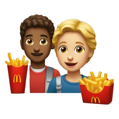 Two kids in the McDonald's and the kids eat happy meal sticker