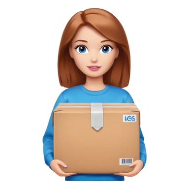 Barbie with shoulder-length reddish-brown hair, blue eyes with makeup, wearing a brown sweatshirt , stands with a parcel box sticker