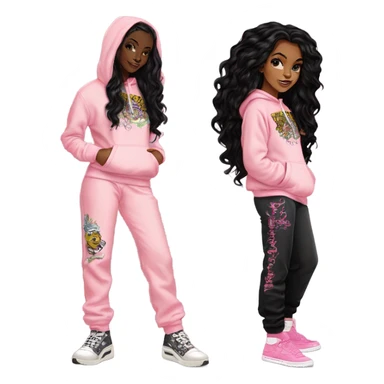 Light skin black girl with long black hair standing up straight with an pale pink ed hardy hoodie logo and pale pink Ed hardy sweatpants with logo  sticker