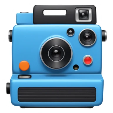A hand-drawn doodle in a minimalist, cartoon style of a [instant camera]. The object is white with thick, rough, black marker outlines and two small black dot eyes. It is a simple sketch with no realistic textures, centered on a solid [blue] circular background." sticker