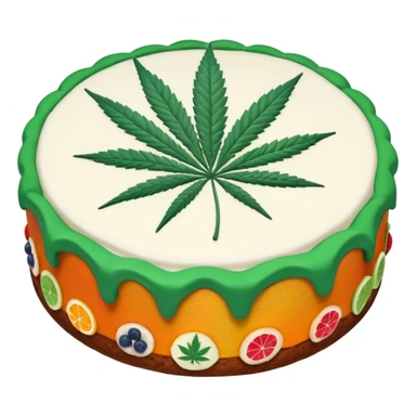 colorful frosted fruit cake with cannabis leaf sticker