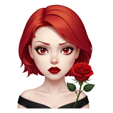 a beautiful very angry woman with red hair and red eyes. The woman wear a black little cutted dress. She have red lipstick and she have a seductive look. She have a rose flower in her hair. Angry face sticker
