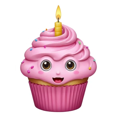 A cupcake with pink frosting, big eyes, two teeth, and a lit candle on top sticker